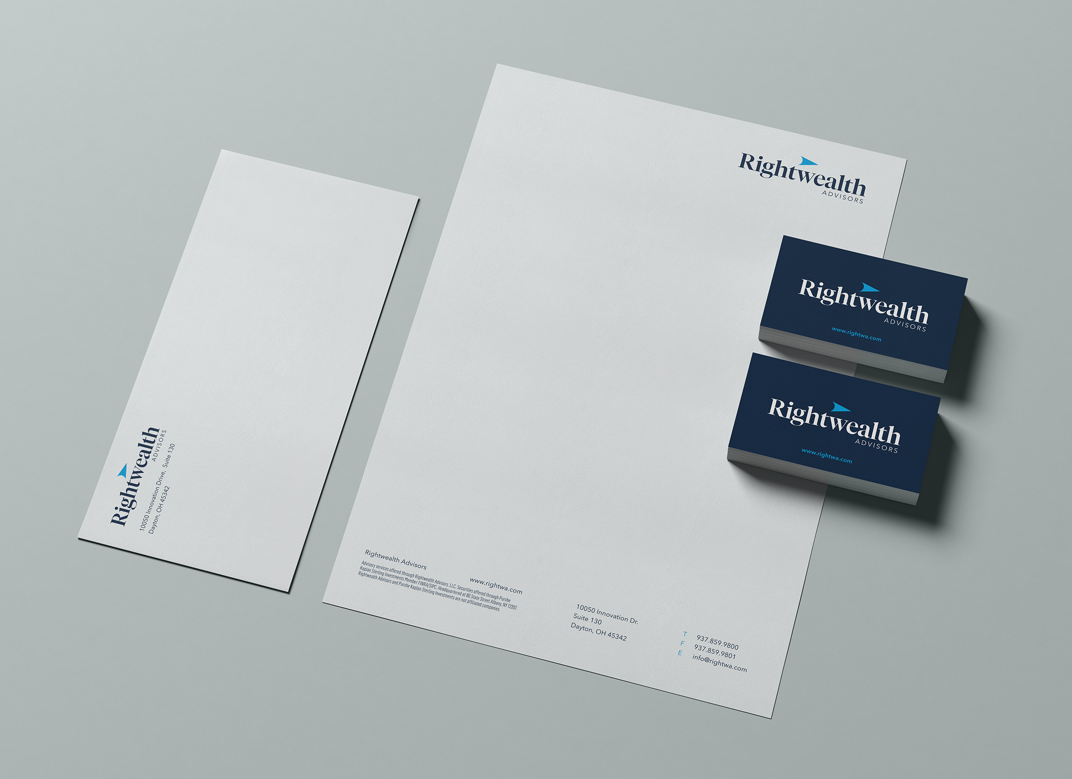 Rightwealth Advisors business cards letterhead and envelope